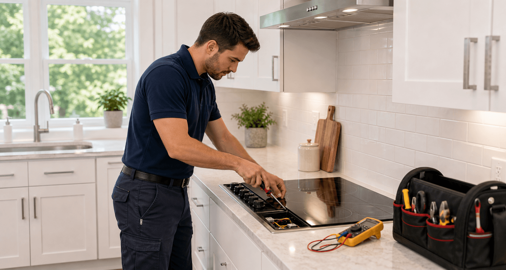 Technician repairing a built-in cooktop on a kitchen counter