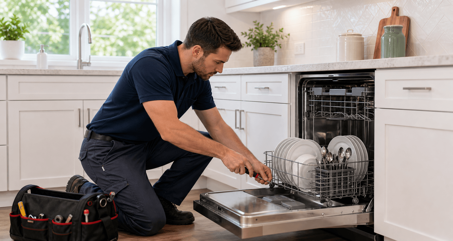 Technician repairing an open dishwasher with dishes inside