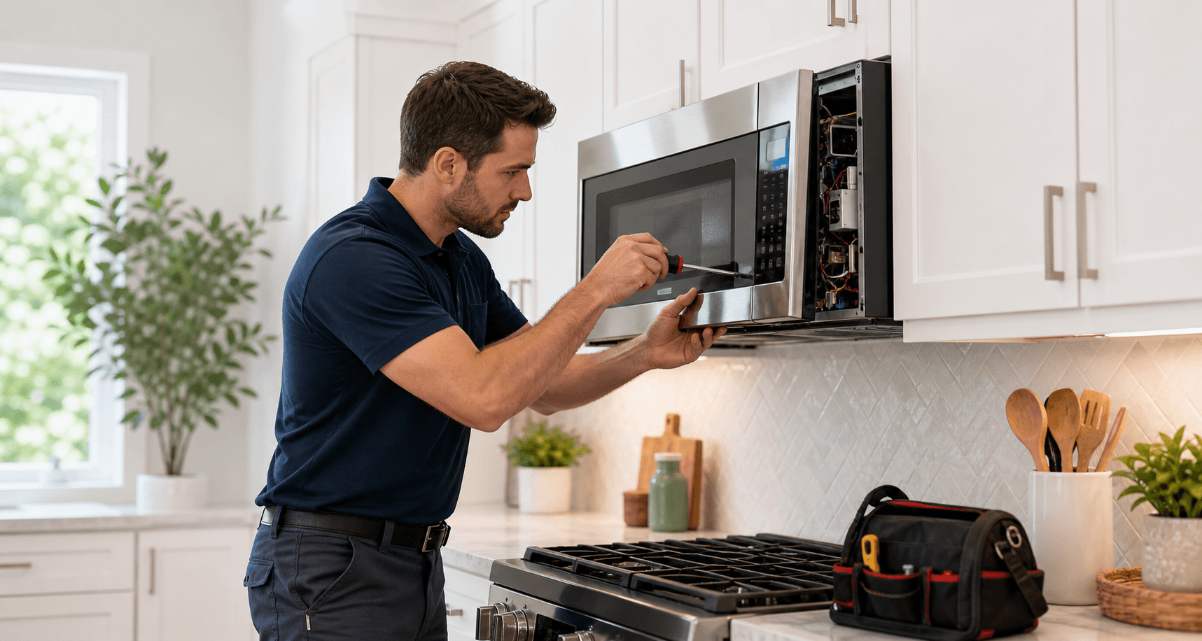 Technician repairing a built-in microwave in a modern kitchen
