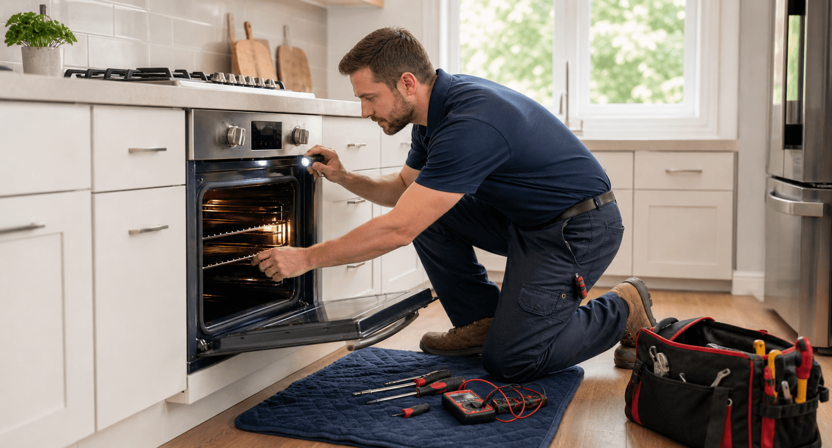 Technician repairing an oven in a bright modern kitchen
