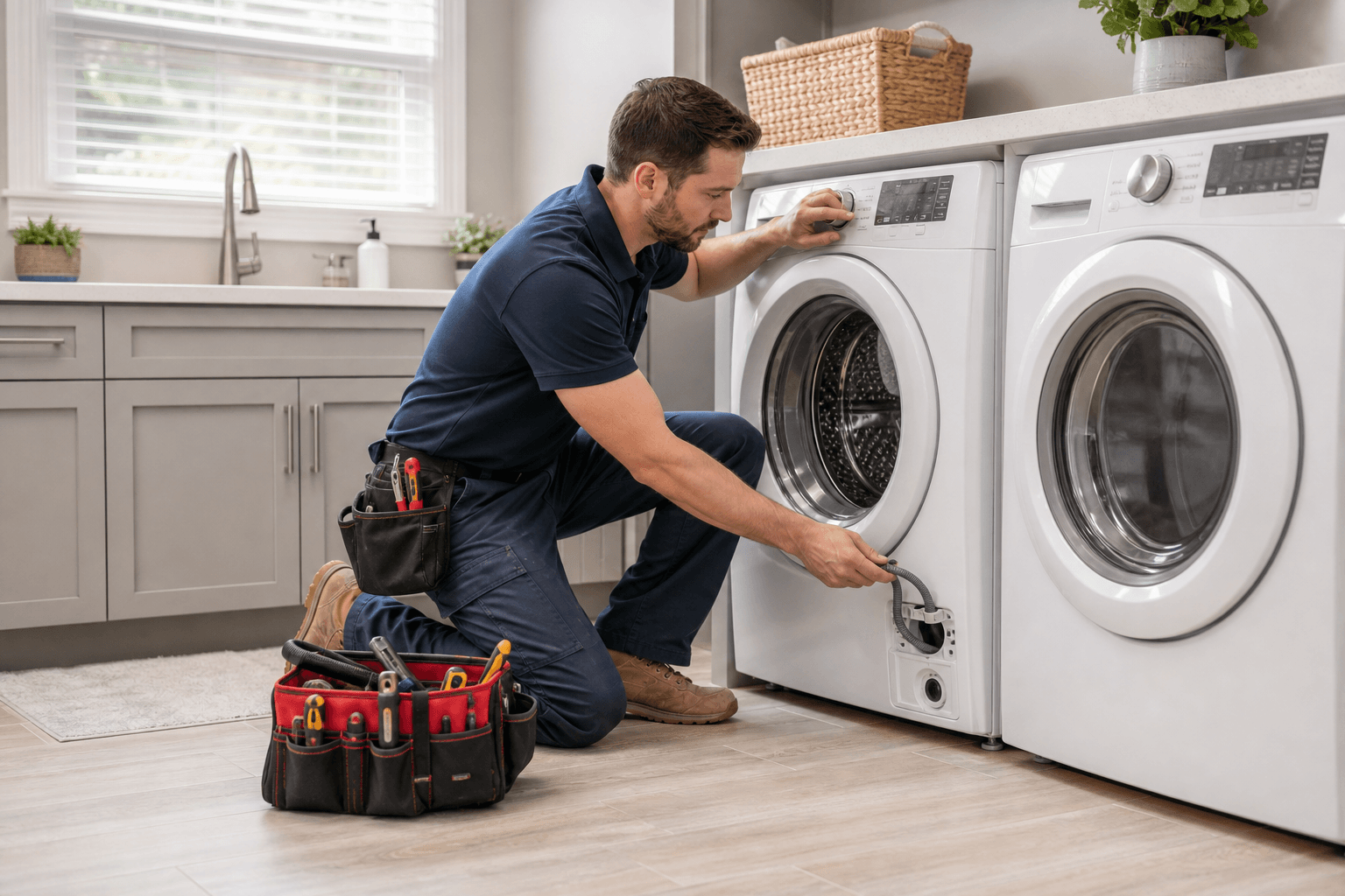 Technician repairing a washer and dryer in a bright Marietta kitchen